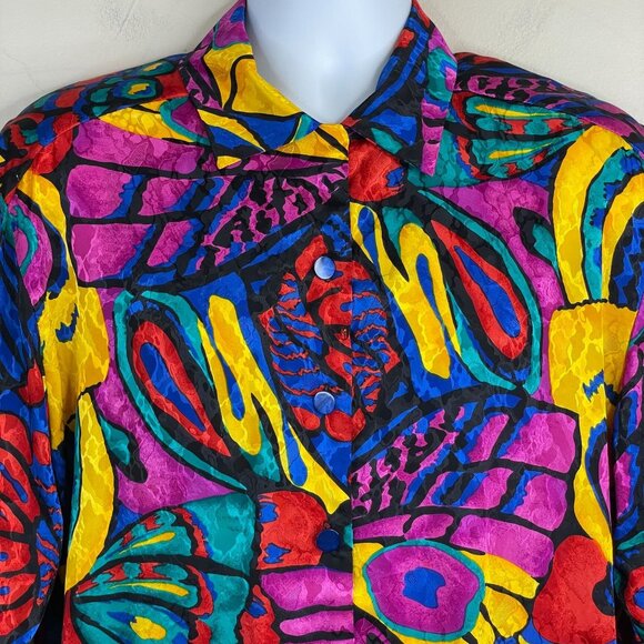 Vintage Womens DISCO PSYCHEDELIC Top Size 2X Pink Blue Satin Button Tunic Blouse - Picture 2 of 13